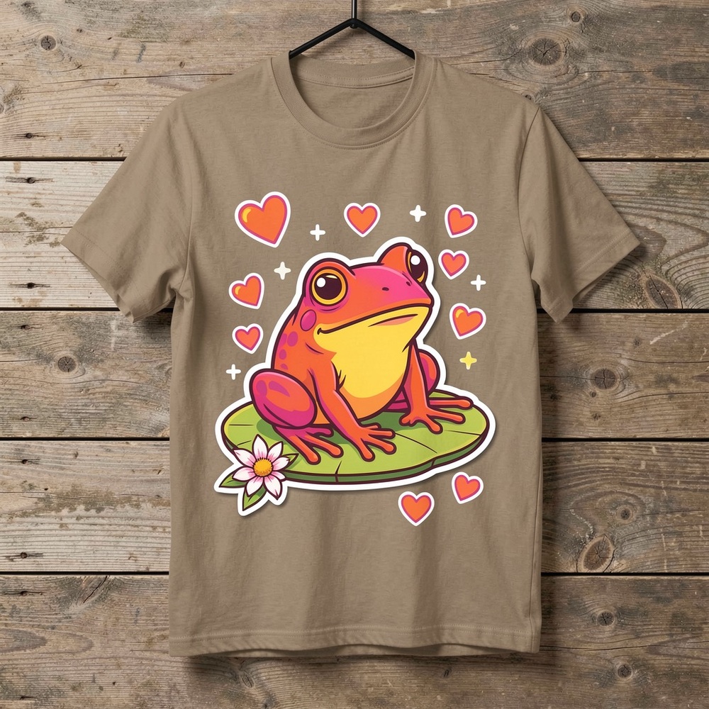 Gildan Taupe Tee with Pink & Yellow Frog Graphic